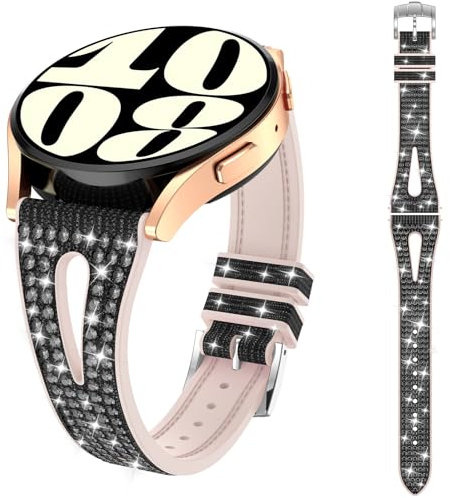 Kamita Brillante Correa para Samsung Galaxy Watch 7 6 5 4/Watch FE(2024)/5 Pro - Pulsera Diamante 20mm de Silicona para Mujeres y Niñas (Negro)