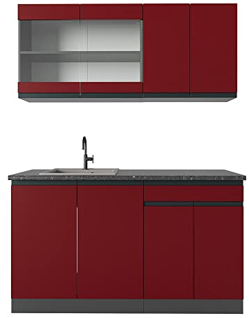 Vicco Singleküche R-Line, Küchenzeile Single, Rot/Anthrazit, 140 cm, AP Eiche
