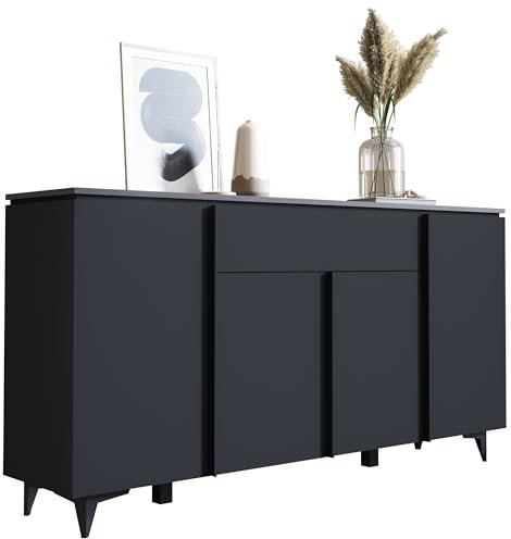 Newroom Sideboard Schwarz Schiefer Sideboard Modern Elegant - 177x92x40 cm (BxHxT) - Highboard Anrichte - [Lumaro.Three] Wohnzimmer Schlafzimmer Flur Esszimmer
