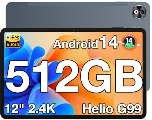 DOOGEE T40 Pro 512GB ROM+20GB RAM Tablet 12 Pollici 2.4K Display Tablet Android 14, 10800mAh Helio G99 Quattro Altoparlanti, 4G LTE/2.4GHz/5GHz WiFi 16MP+ 8MP, Grigio