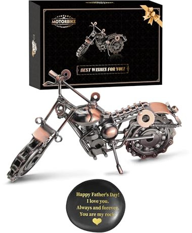 Signstek Father's Day Funny Gift, Vintage Handmade Motorcycle Ornament with Carved Rocks, Metal Birthday Gift for Dad, Husband, Boyfriend