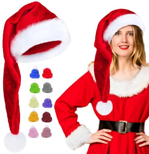 Capgoost Weihnachtsmütze Lang, Nikolausmütze Plüsch, Weihnachtsmützen Erwachsene, Santa Hat mit 10 Stück Mini Weihnachtsmütze für Flaschen, Weihnachtsmann Mütze, Santa Clause Mütze für Damen Herren