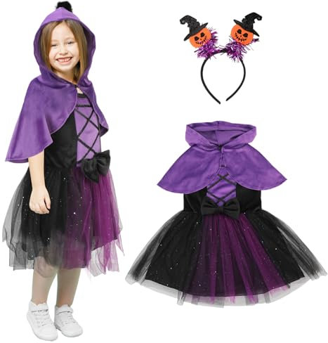 TAGVO Costume da Strega Halloween per Bambina, Ragazze Principessa Vestito Strega Viola Poncho Cappuccio Capo Paillettes Tulle Abiti serbatoio per bambini Halloween fantasia vestire per 1-6 anni