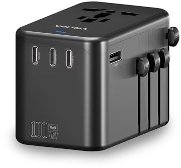 VOLTMA Adaptador de Viaje Universal GAN de 100 W, Cargador rápido, Adaptador con USB C y USB A, Fusible de recuperación automática, protección contra sobretensión, Enchufe de Viaje Internacional