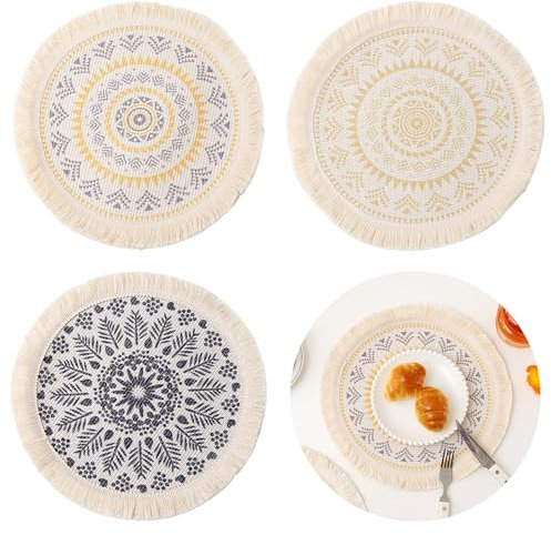 Sertay 3 Stück Runde Platzsets Baumwoll, Tischsets Rund, Tischsets Abwaschbar Boho, Tischuntersetzer Platzset Rund, Mandala Boho, Geeignet für Täglichen Gebrauch, Küche, Restaurant