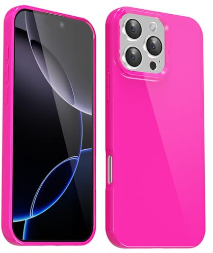 Svanove for iPhone 16 Pro Max Case Silicone, Glossy Soft Rubber Gel Jelly Cute Protective Plastic Simple Plain Phone Case Cover for Women Girl, Slim Thin Flexible Shockproof TPU, Neon Hot Pink
