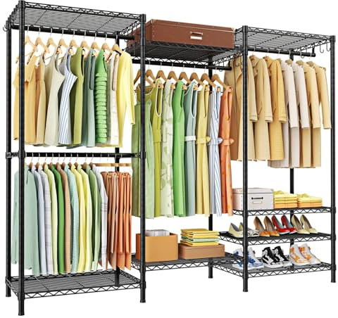 Heavy Duty Clothes Rail,Clothing Rails, Hanging Rails for Clothes,Portable Wardrobe Rail Metal Closet Rack with Shoe Rack, Storage Shelves Freestanding Clothes Rails for Bedroom-Open Wardrobe,