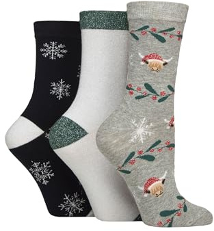 SockShop Wildfeet Ladies Christmas Socks - Cotton, Xmas Patterned Novelty, Gift, Stocking Filler Multipack of 3 Size 4-8