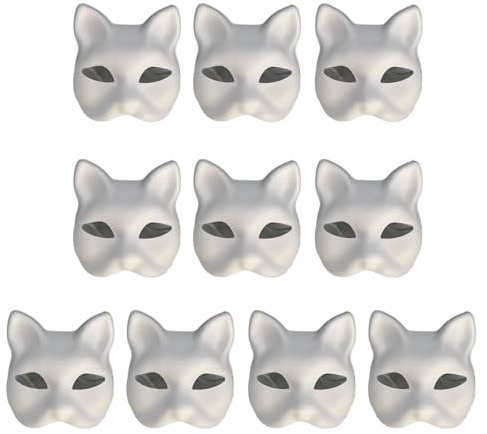 Yamoloz Weiße Papiermaske, Katzen-Gesichtsmaske, Zellstoff, blanko, handbemalt, Maskenmasken, Halloween-Party-Masken für Männer und Frauen, 10 Stück
