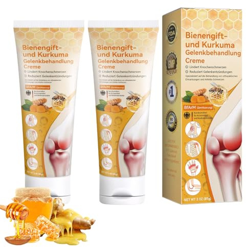 2 Stück Bienengiftsalbe und Kurkuma Gelenk Creme, Schmerzlinderung, 2x85g | Bienengift-gelenkberuhigendes Gel, Bienengiftsalbe, Bienengiftcreme geeignet für Nacken-, Taillen-, Hand- und Fußbeschwerden