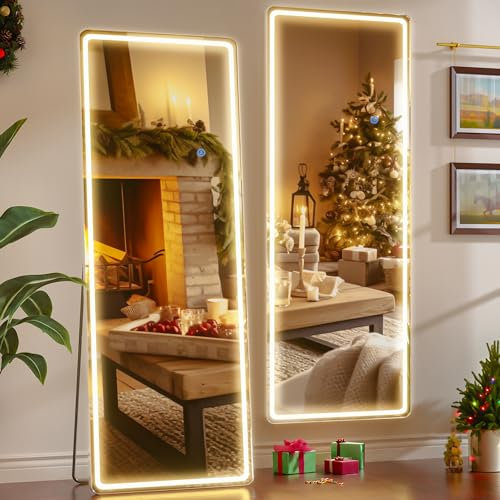 Ganzkörperspiegel mit LED Beleuchtung, 160 x 50cm Rechteckiger Standspiegel in Voller Länge,Großer Wandspiegel mit Bruchsichere Glas und 3 Lichtfarben, Bodenspiegel für Wohnzimmer, Ankleide