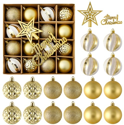 Sensong Weihnachtsbaum Dekoration Kugel Set, 18 Stücke 6CM Weihnachtsbaum Kugel Dekoration, Plastik Dekorationen Weihnachtsdekoration Set für Weihnachten Hochzeit Party Dekoration Weißes Gold