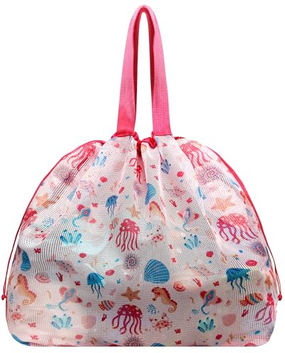 LAHAQIQI XXL Mesh-Netztasche für Strandspielzeug mit Kordelzug, Falbar Leichtgewicht & Praktisch für Schwimmbad, Reisen & Sommer-Essentials für Frauen und Kinder (Muschel-Rose Rot)