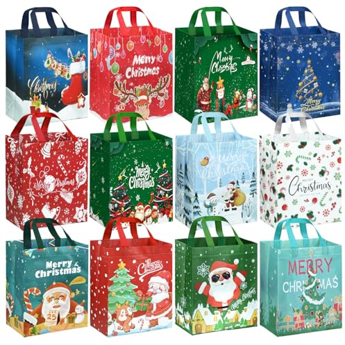 DECHISY 12 Stück Geschenktüten Weihnachten, Weihnachtstüten Klein mit Griffen, 26 × 21 × 12 cm Non Woven Weihnachtsgeschenktüten, Wiederverwendbare, Perfekt für Weihnachtsgeschenke, Partyzubehör