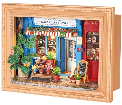Rolife DIY Miniaturhaus Flora Blumenatelier, 183-teiliges Holz 3D-Puzzle für Erwachsene, wandmontierbares Steckmodell mit berührungsaktivierten LED-Lichtern, Framed Wall Art DP003