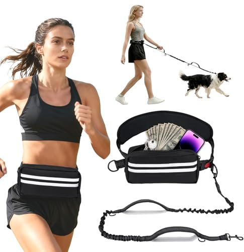 Vnfsmy Joggingleine Hunde, Freihandleine Laufleine Hundeleine mit Bauchgurt | Laufhundeleine mit Hüftgurt,Reflektierende Nähte 1.45-2M Bungee-Laufleine Hundeleinen für Mittelgroße Große Hunde bis zu 50kg