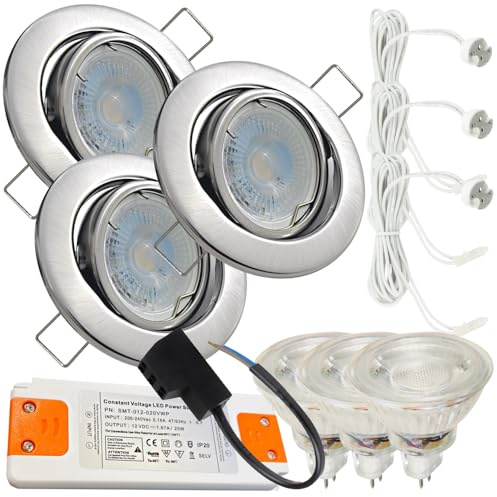LED Einbaustrahler Set 12V schwenkbar – 3er Set mit je 120 cm Kabel & AMP-Stecksystem – 5W MR16 Spot inkl. Trafo, IP20, 400 Lumen, 55 mm Einbautiefe – LED Deckenstrahler für Wohnbereiche, Küche & Flur