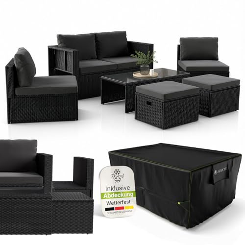 Juskys® Polyrattan Gartenmöbel Set Salou inkl. Abdeckung - Outdoor Lounge wetterfest 6 Personen - Sitzecke mit Tisch & Kissen für Garten, Balkon, Terrasse - Schwarz