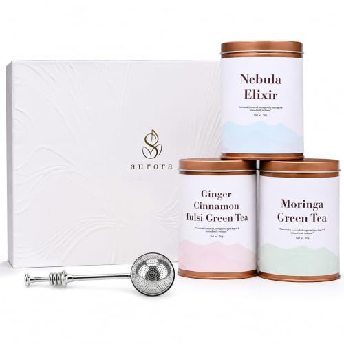 Nebula Herbal Aurora Premium Herbal Tea Gift Set - 3 Loose Leaf Tea Blends 150g with Stainless Steel Tea Infuser - Moringa Tea, Ginger, Tulsi, Cinnamon Tea and Nebula Elixir, Luxury Gift Box