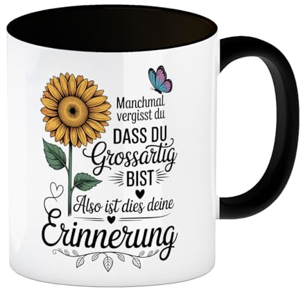 speecheese Du bist grossartig Kaffeebecher in schwarz mit Sonnenblume Lustige Kaffeetasse mit Spruch für Büro und Zuhause