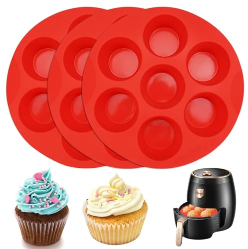 3Pcs Silicone Muffin Trays, 7 Cup Deep 5.8 cm Air Fryer Muffin Tray | Non-stick easy release, oven safe to 230°C, dishwasher safe, reusable for cupcakes, egg bites and mini cakes