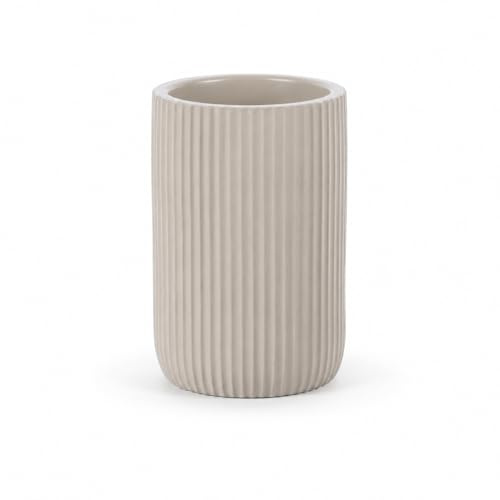 Samos Zahnputzbecher Taupe, moderner Zahnbürstenhalter aus Polyresin, Geripptes Design, Bad Becher für Zahnbürsten, Zahnpasta & Badutensilien, ca. 11,7 cm