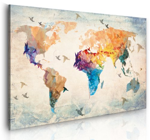 B&D XXL - Leinwandbild Landkarte Worldmap Origami, 120x80 cm, 1-teilig