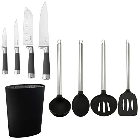 San Ignacio Set de Tacoma Universal Lavable y Juego de Cuchillos, Acero Inoxidable, Gris, 21x35x37 cm, 8 Unidades