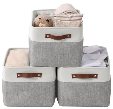 DECOMOMO faltbare Aufbewahrungskorb | robuster Stoffkorb mit Griffen für die Organisation von Regal, Kinderzimmer, Spielzeug, Schrank (Grau und Weiß, groß–3 Stück)