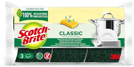 Scotch-Brite Classic Éponge à Récurer en Cellulose non Rayante - 3 Pièces - Tampon à Récurer Très Absorbant Indiqué pour les Tâches de Nettoyage Quotidiennes, Vert - Classic