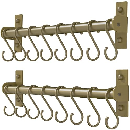Dseap Kitchen Utensil Holder Hanger, Pot and Pan Rack Wall Mounted, Kitchen Rail with 8 Hooks for Hanging Cooking Utensils, Mugs, Spoons, Wall Mounted, Bronze, Pack of 2