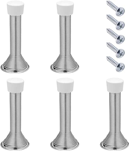 Spring Door Stop Metal Door Stoppers 5 Pack 85 mm with Screws and Base Plate (Silver)