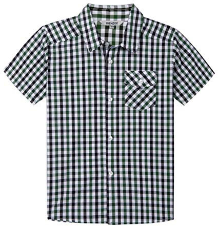 Bienzoe Garçon Coton Plaid Bouton Bas Manche Courte Chemise Vert/Noir 7/8