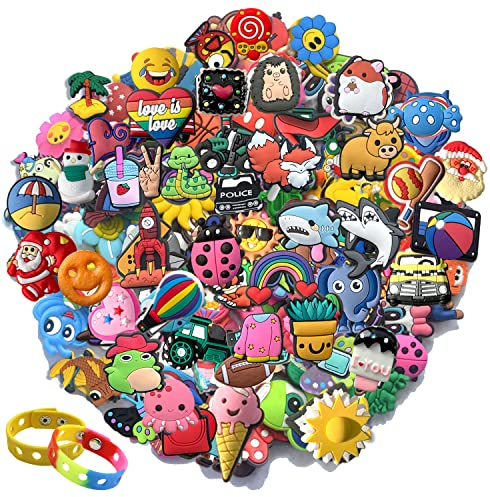QASIMOF Lot of 100pc Random shoe charms and 2bracelets for Clogs Sandals,Shoes Accessories Charms for Party Favors Gifts
