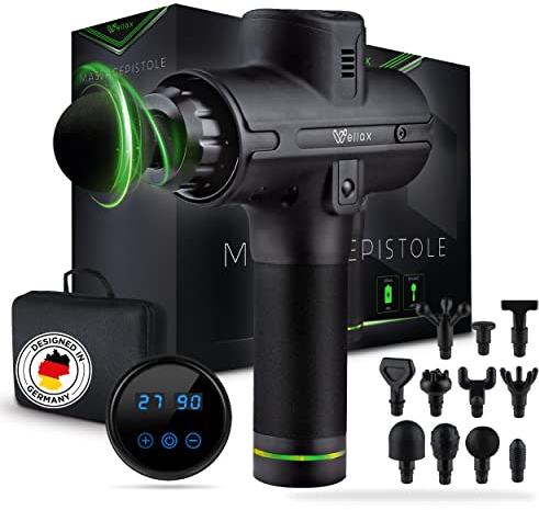 Wellax Massagepistole - Leistungsstarke Gymnastic Massage Gun mit 11 Massageköpfen [2600 mAh - 10h Laufzeit] - Massage Pistole mit LED Anzeige & Tragetasche - Schulter & Nacken