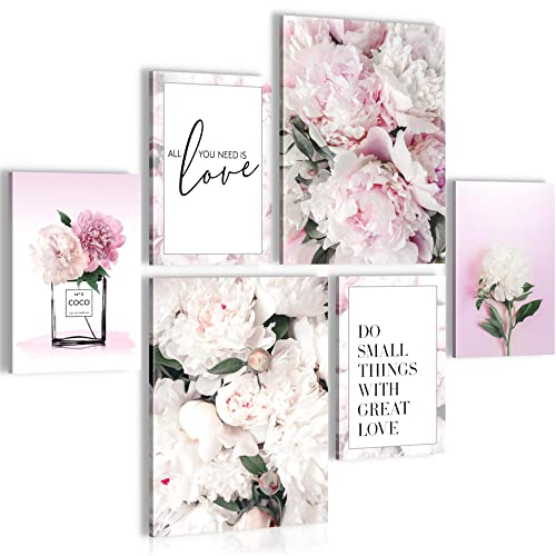 Novart Wandbilder Set Blumen Fashion Rosa - KEIN EXTRA RAHMEN BENÖTIGT - Modern Deko - Wohnzimmer Mädchen Teenager N016563a