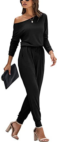 YUNDAI Womens Jumpsuits One Piece Casual Off Shoulder Playsuit Long Sleeve Overalls Elastic Waist Stretchy Romper with Pockets X-Large,Black