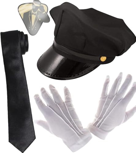 Dreamzfit - Unisex Erwachsene Chauffeur Cap Limo Taxi Driver Mütze, weiße Handschuhe und schwarze Krawatte Buchwoche Tag Kostüm Zubehör Kit