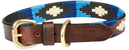 WeatherBeeta Polo Leather Dog Collar, Cowdray Brown/Blue/Blue, Small