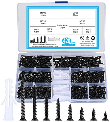 420 Pcs M3 Cross Flat Head Self-Tapping Screws, Carbon Steel Wood Self-Drilling Screws Assortment Kit, with 20 Pcs M6 Plastic Anchors - Black; 6mm/8mm/10mm/12mm/16mm/20mm/25mm/30mm