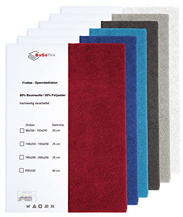 BaSaTex Flausch Spannbettlaken, 180x200 200x200 cm, Weiss | Baumwolle, Frottee Spannbetttuch, 80% 20% Polyester
