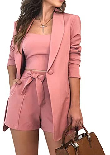 Onsoyours Ensemble Femme Blazer Tailleur+Top+Short de Bureau 3 Pièces Veste de Costume Casual pour Affaires Soiree Formel Bureau Travail Rose M