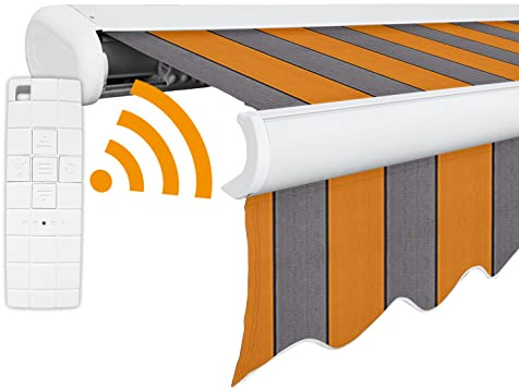 Arilco Elektrische Vollkassettenmarkise Kassettenmarkise Gelenkarmmarkise Markise Sonnenmarkise Sonnenschutz in vielen Farben und Größen wählbar in der Kassettenfarbe Weiss (6m x 3,5m, Strand)
