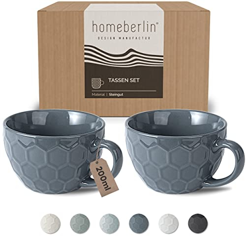 HOMEBERLIN® Design Cappuccino Tassen Set | 200ml | Kaffeetasse aus hochwertigem Steingut | Dickwandige Tasse | Modernes Kaffeetassen Set aus 100% Handfertigung