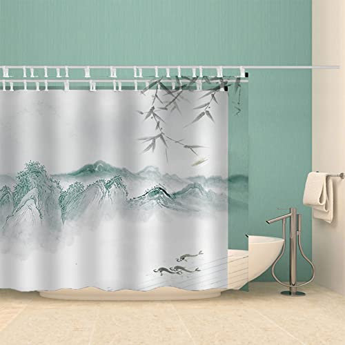 Cortinas Baño Antimoho Tela Infantil Impresión Pintura De Tinta De Paisaje Chino 3D Cortina Ducha Tela Impermeable Lavable 180X200Cm Cortinas Baño Originales con 12 Anillas De Metal Y Ganchos