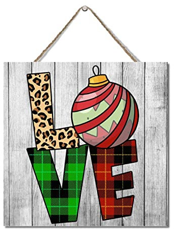 Buffalo Karo Plaid Leopard Love Holz Plaque Merry Xmas Thema Party Hängende Holzschild Wandbehang Rustikale Holzschilder Holz Türschild Mädchen Schlafzimmer Schild 30,5 x 30,5 cm