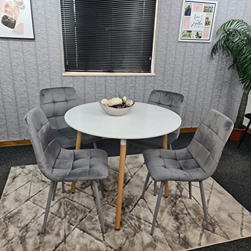 KOSY KOALA Round Dining Table and Chairs Set - Modern Space Saving White Kitchen Table with Padded Seating and 4 Grey Velvet Dining Chairs - 4 Seater Kitchen Room Furniture - 90 x 90 x 75 cm