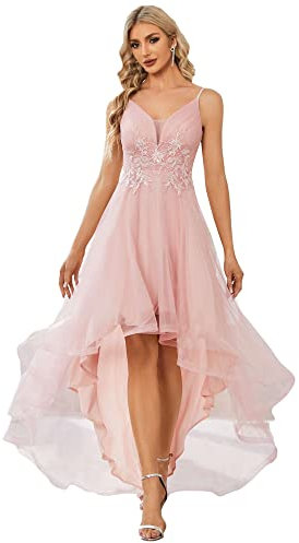 Ever-Pretty Robe de Bal de Promo Tulle Col V High Low Asymétrique Appliqué A Line Chic Rose Clair 48