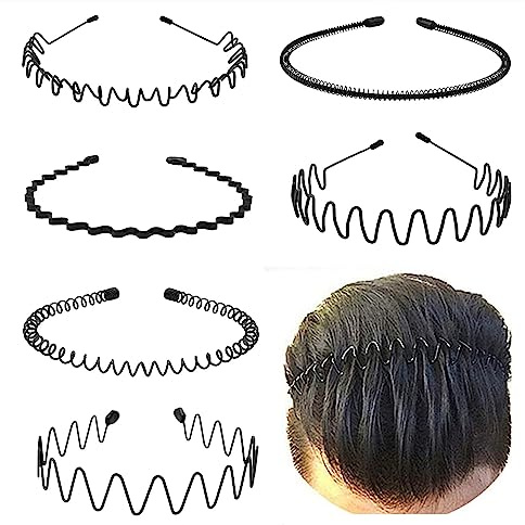 KELUBATU Metal Headbands for Men Fashion Headband for Women, Unisex Wavy Hair Bands Outdoor Sports Head Bands Simple Elastic Non-Slip Hair Accessories (6 Pack)