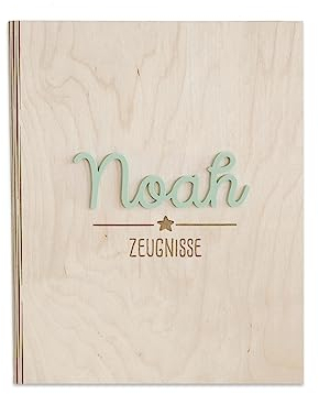 Personalisierte Zeugnismappe aus Birkenholz mit Acryl Namen - Individuelles Geschenk zur Einschulung - DIN A4 - Zeugnisringbuch Mädchen & Jungen - hellomini (Stern mint)